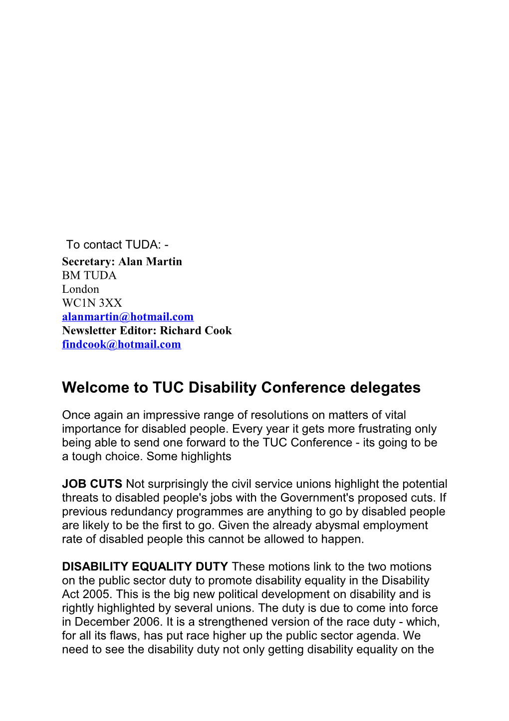 Tuda News -Special TUC Disability Conference Edition