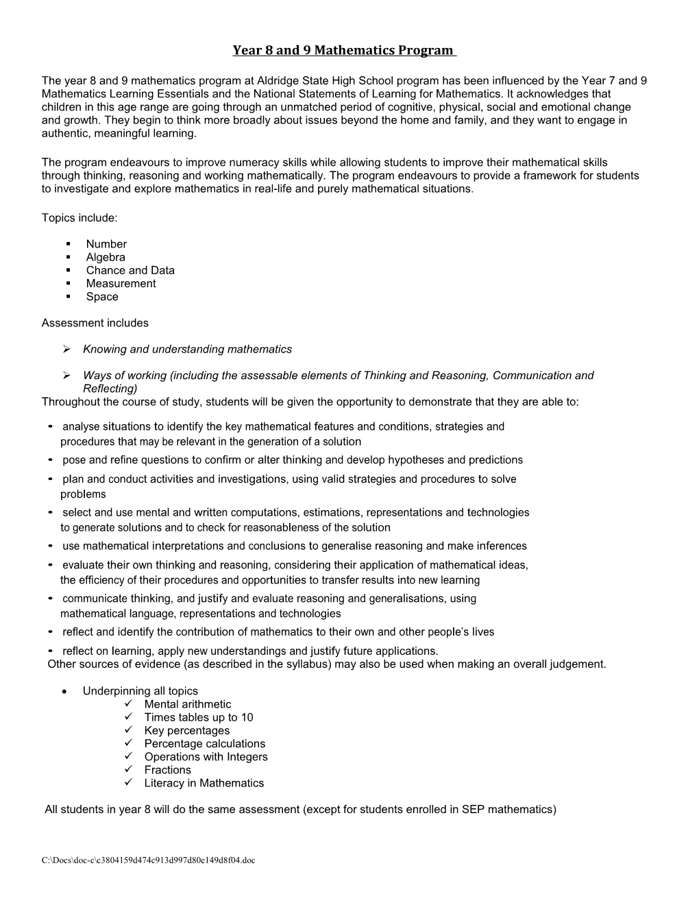 Year 8 and 9 Mathematics Program