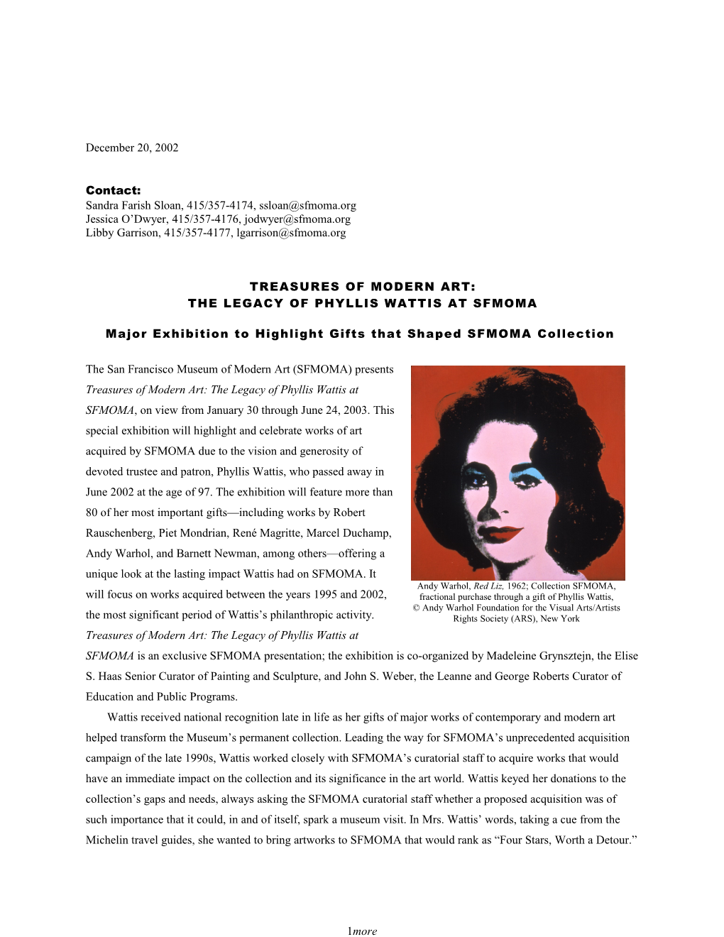 SFMOMA Press Room Press Release: Treasures of Modern Art: the Legacy of Phyllis Wattis