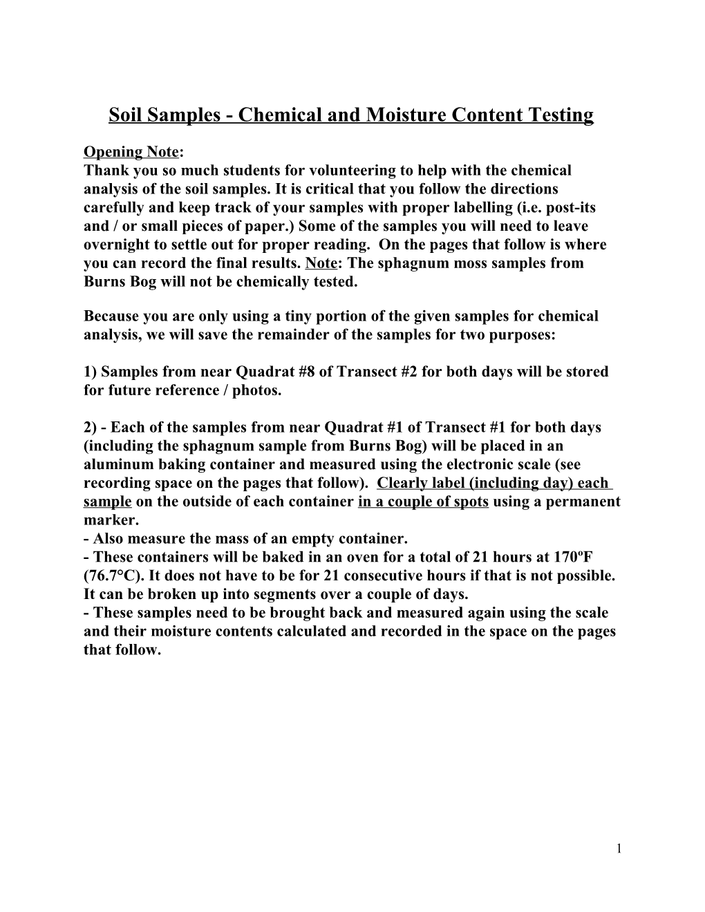 Soil Samples - Chemical and Moisture Content Testing