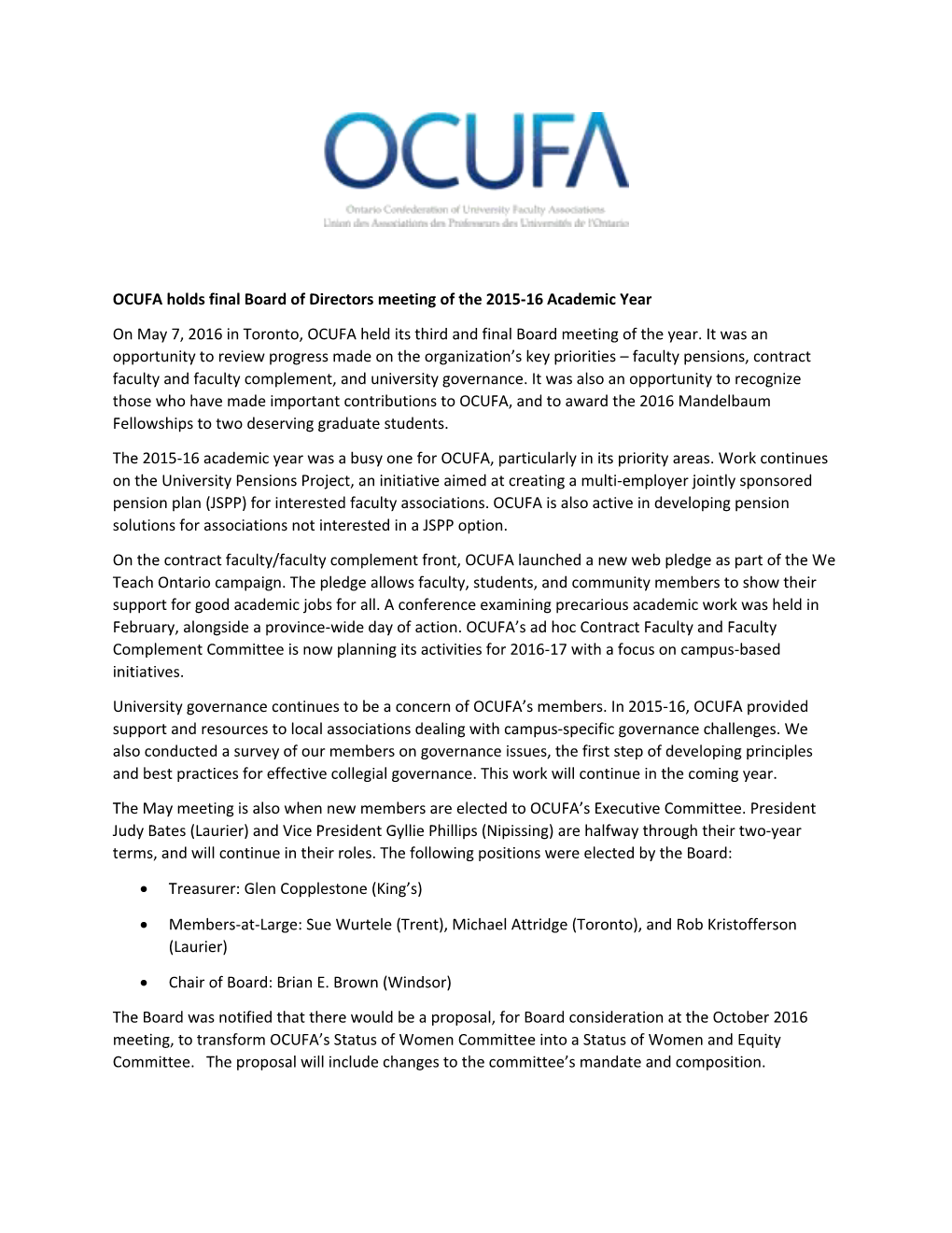 OCUFA Holds Final Board of Directors Meeting of the 2015-16 Academic Year