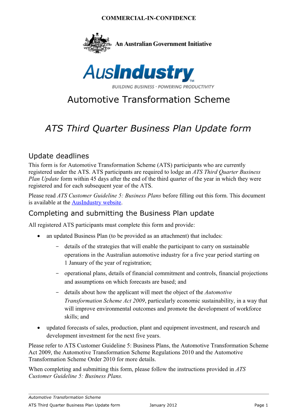 ATS Third Quarter Business Plan Update Form