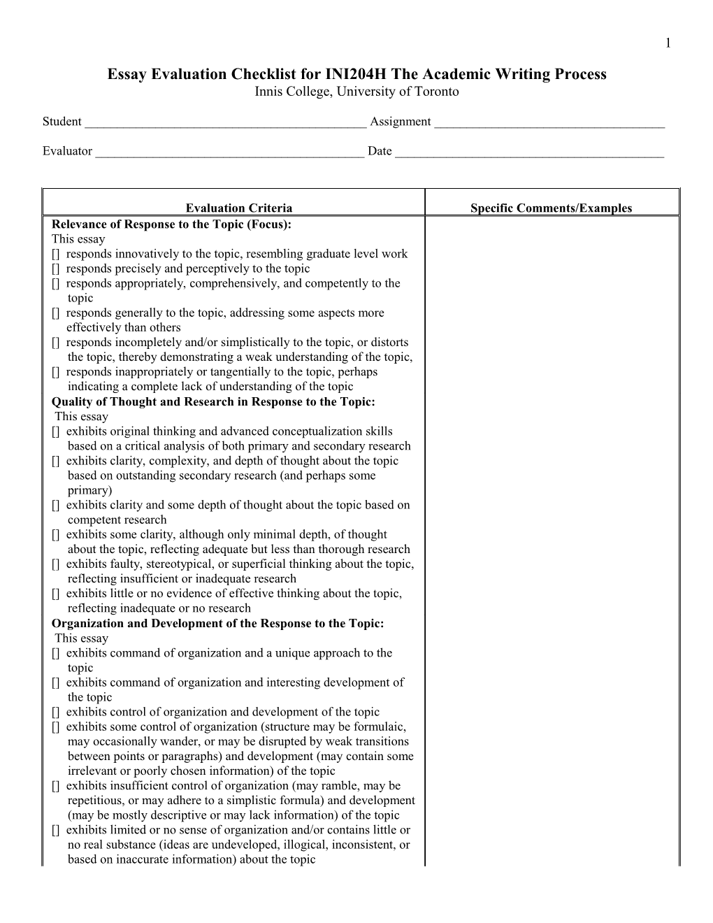 Essay Evaluation Checklist for INI204Y the Academic Writing Process