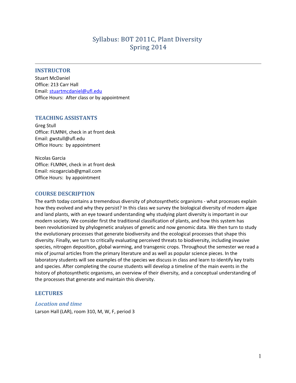 Syllabus: BOT 2011C, Plant Diversity