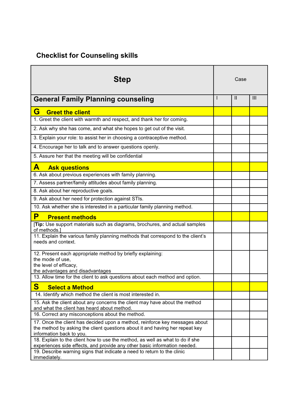 Checklist for Counseling Skills