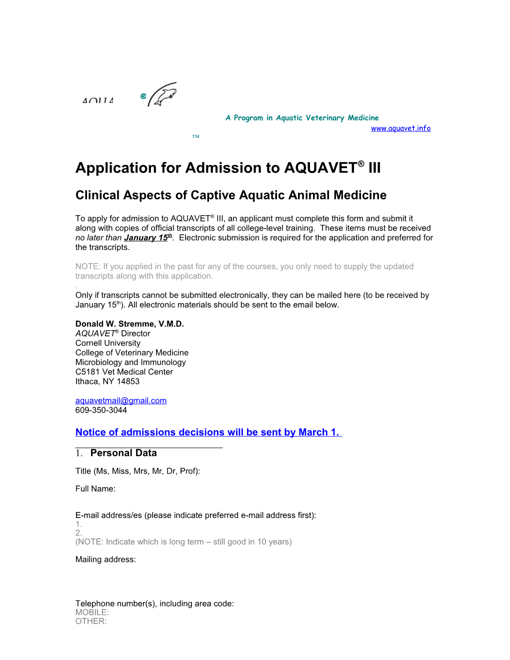 Application for Admission to AQUAVET III