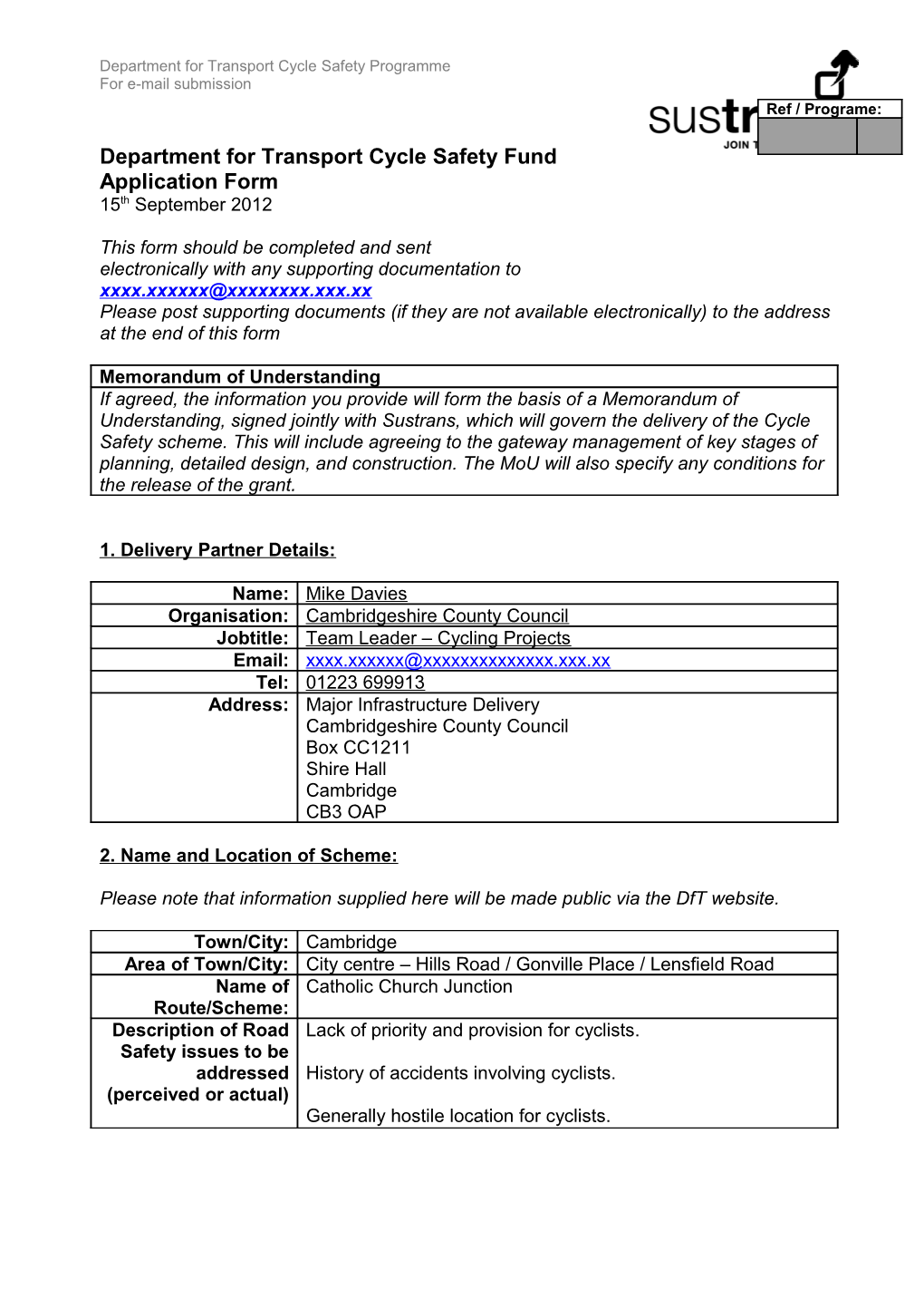 Application for Funding from Dft Grant to Sustrans