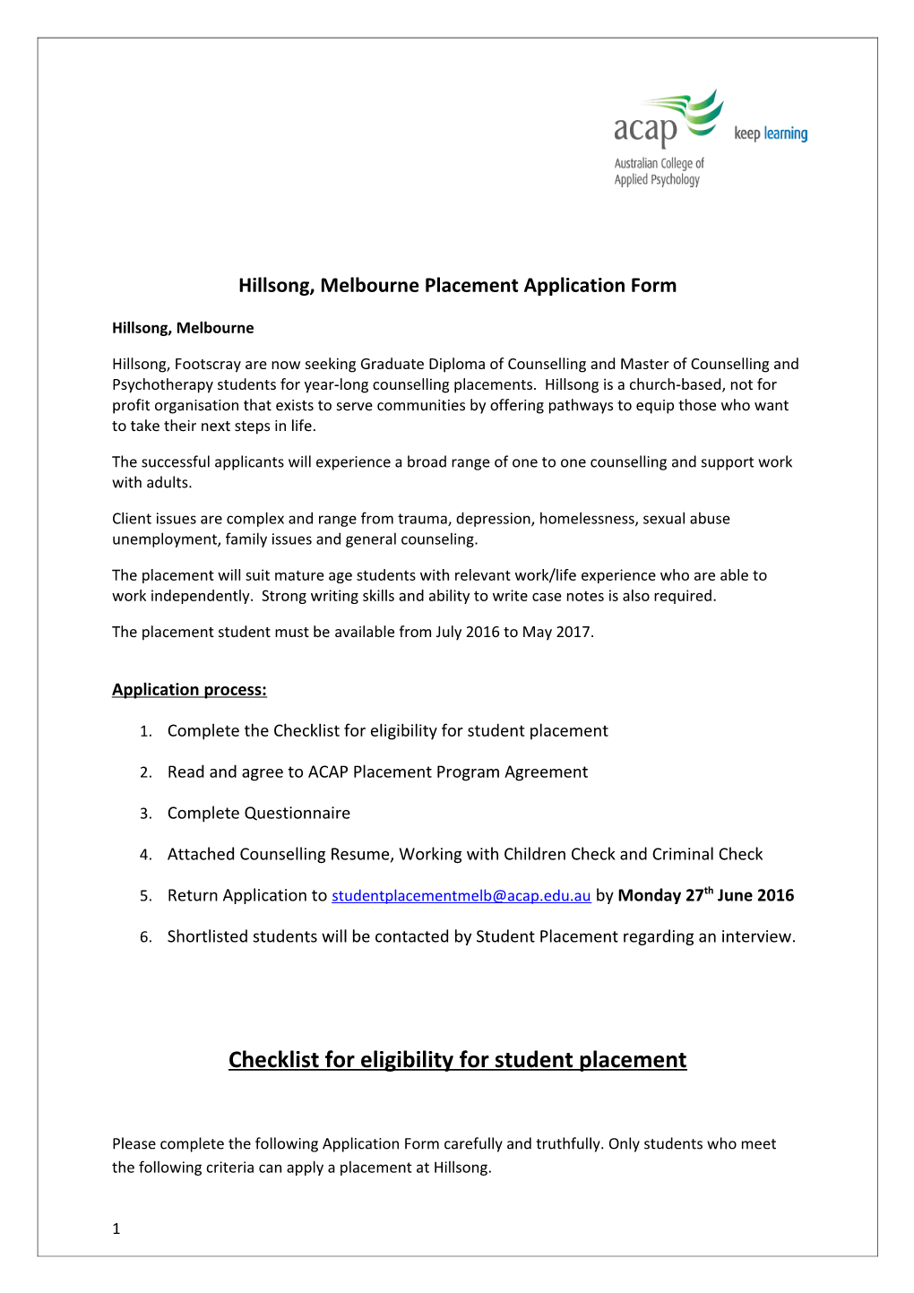 Hillsong, Melbourneplacement Application Form
