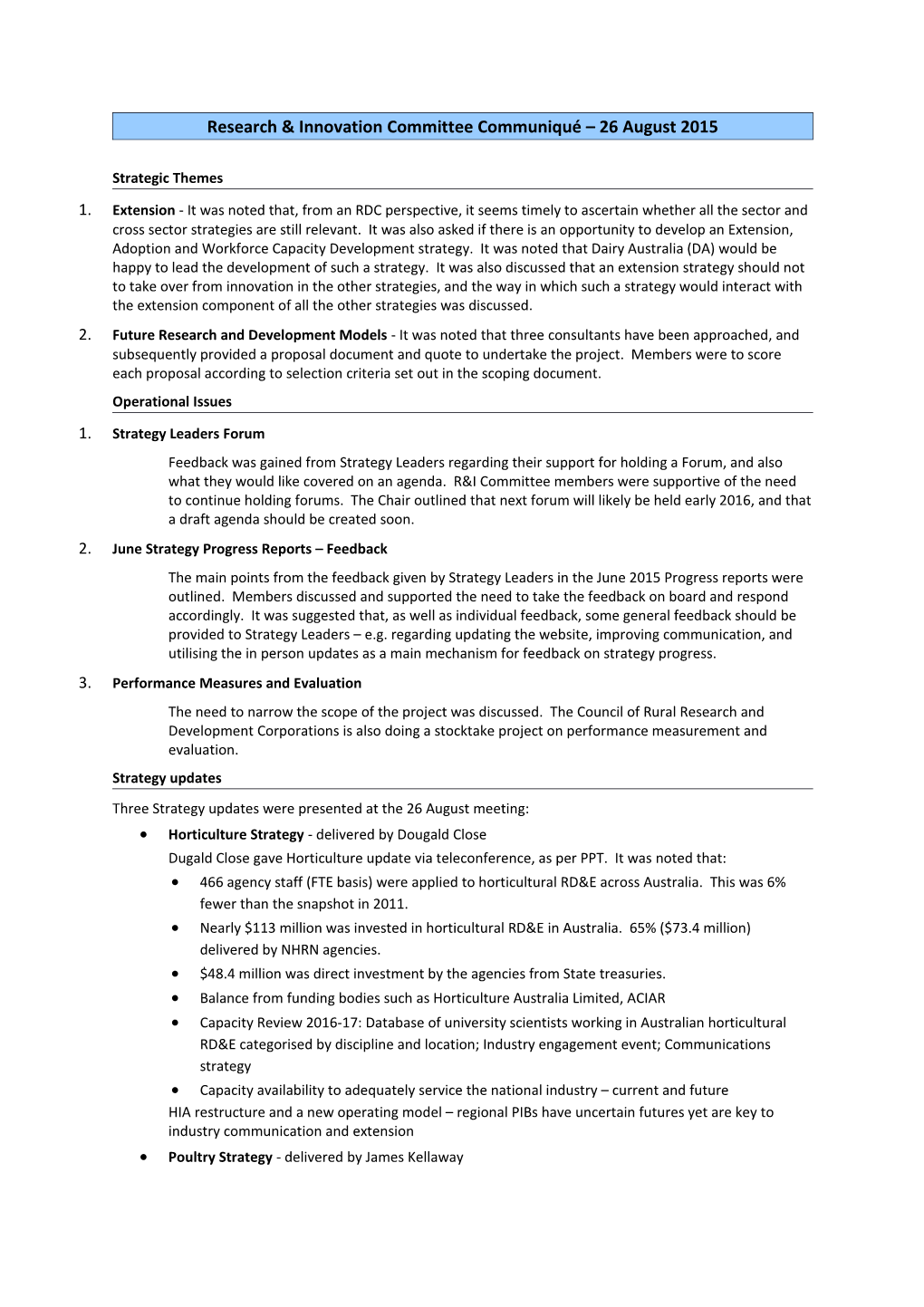 Research & Innovation Committee Communiqué 26 August 2015