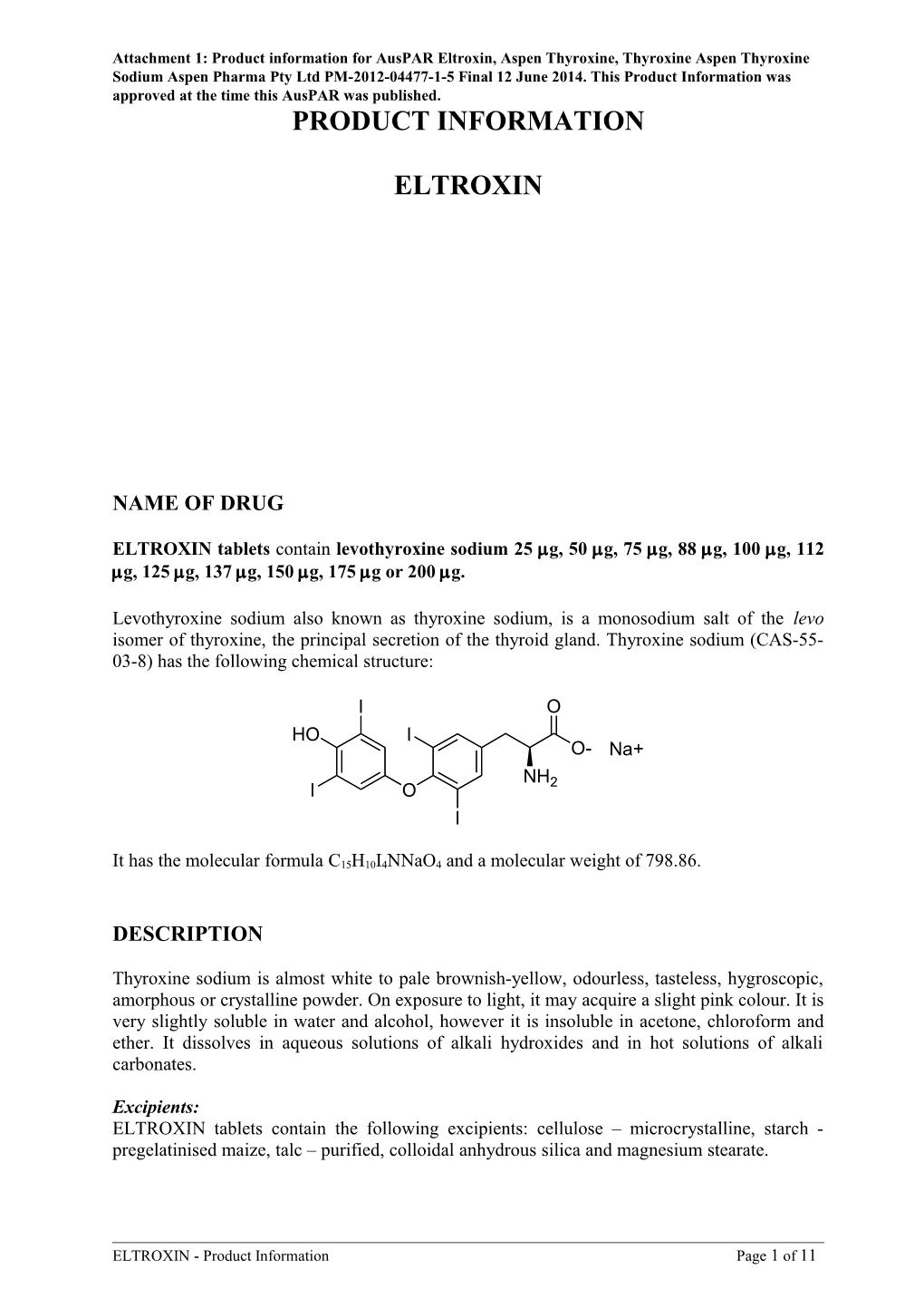 Attachment 1. Product Information for Thyroxine Sodium