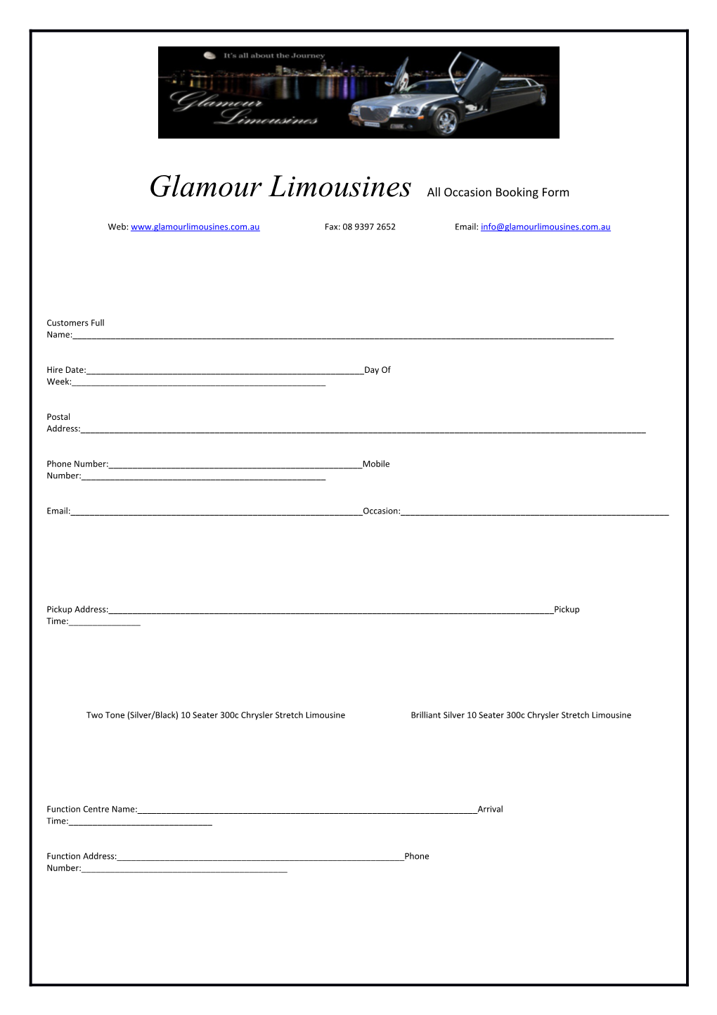Glamour Limousines All Occasion Booking Form