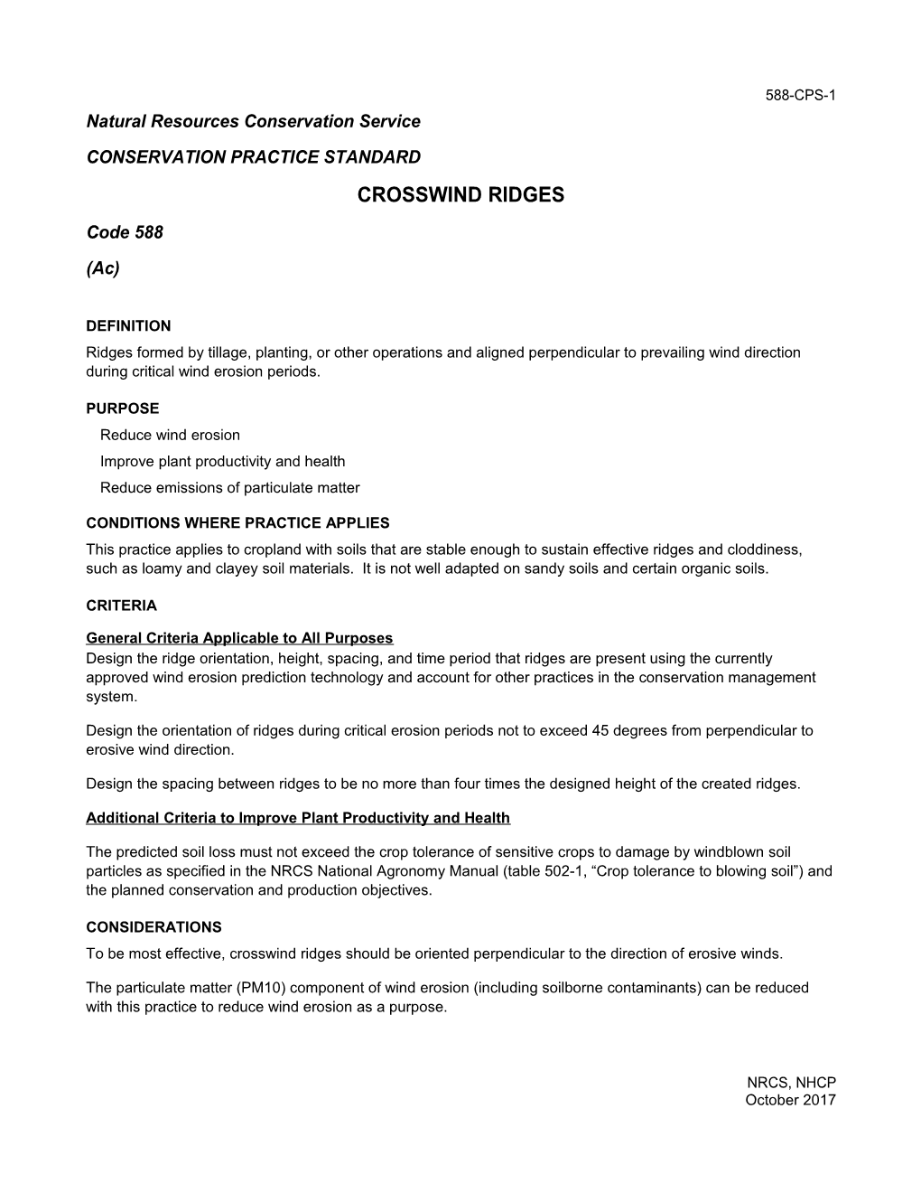 Conservation Practice Standard Crosswind Ridges (Code 588)