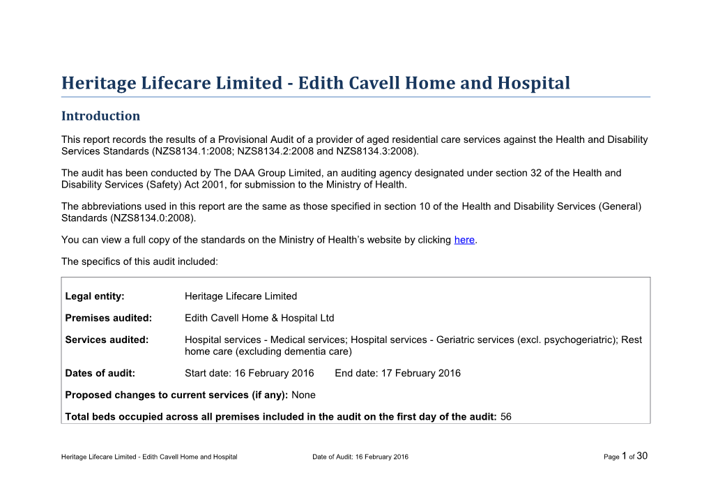 Heritage Lifecare Limited - Edith Cavell Home and Hospital