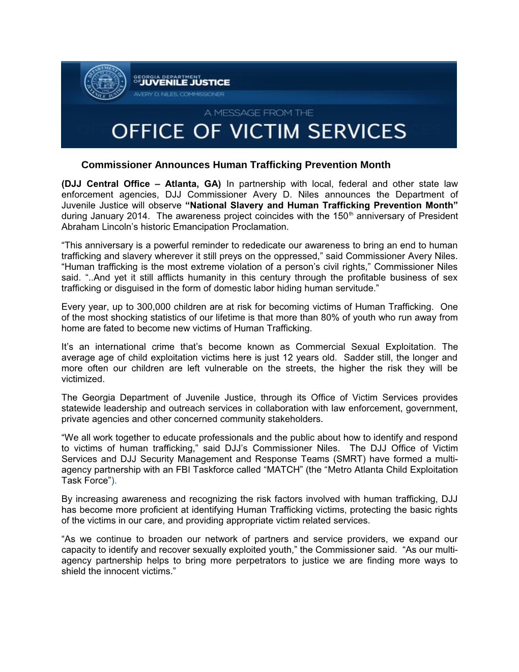 Commissioner Announces Human Trafficking Prevention Month