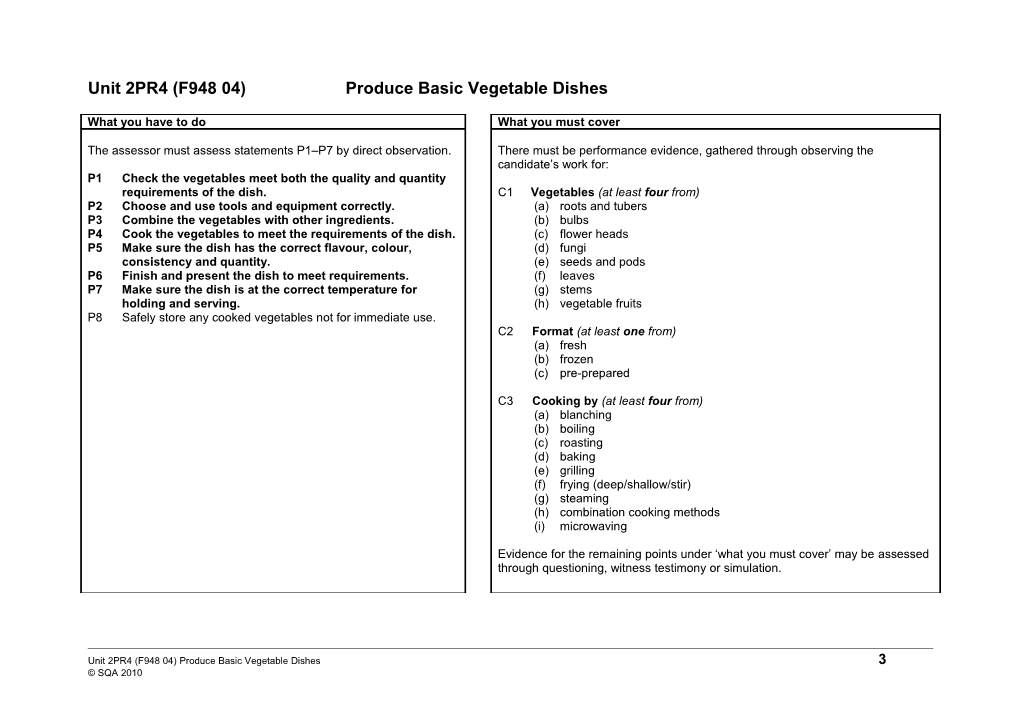 Unit 2PR4 (F948 04)Produce Basic Vegetable Dishes