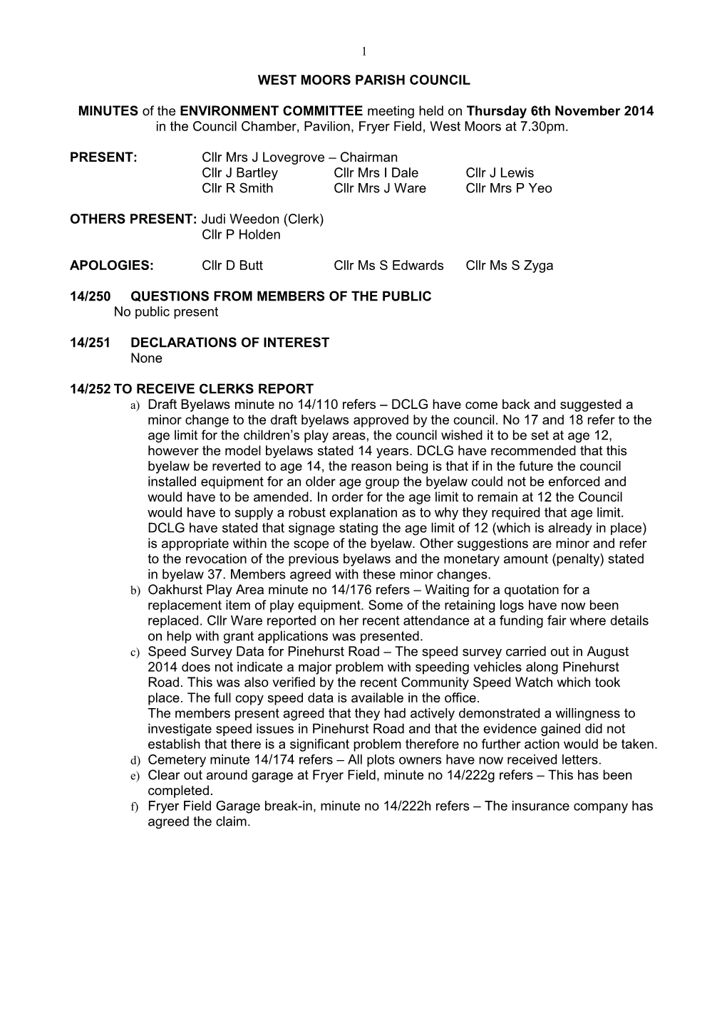 Minutes of West Moors Parish Council Meeting Held 22Nd February 1996