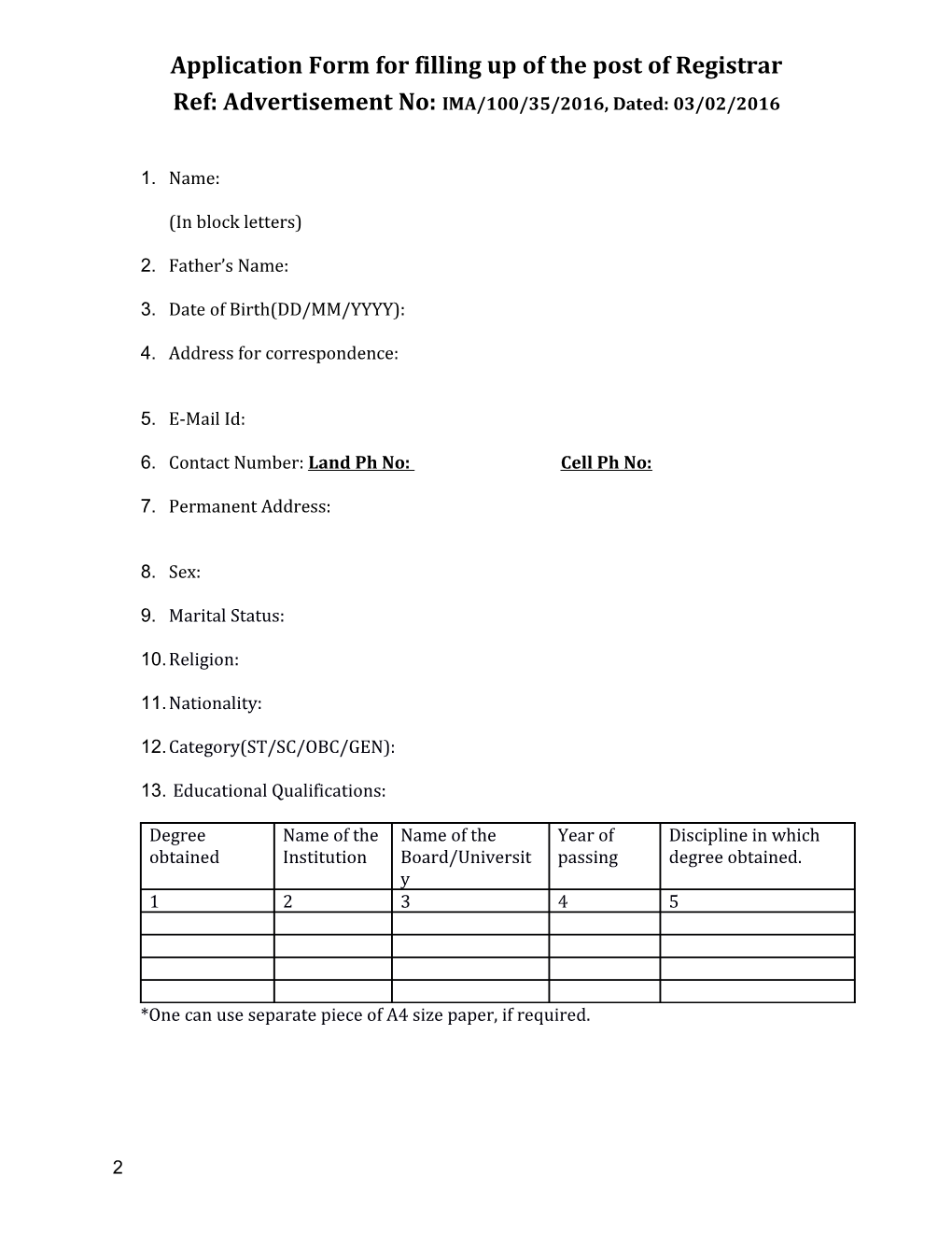 Application Form for Filling up of the Post of Registrar