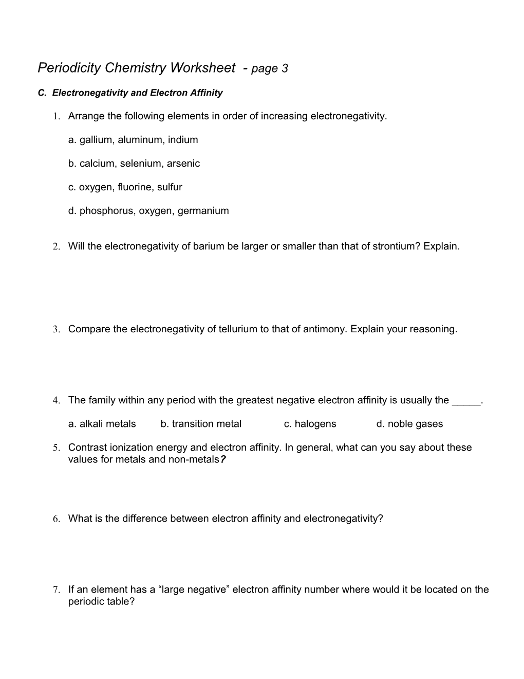 Periodicity Chemistry Worksheet