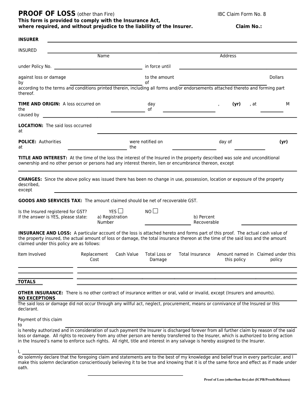 PROOF of LOSS (Other Than Fire) IBC Claim Form No. 8