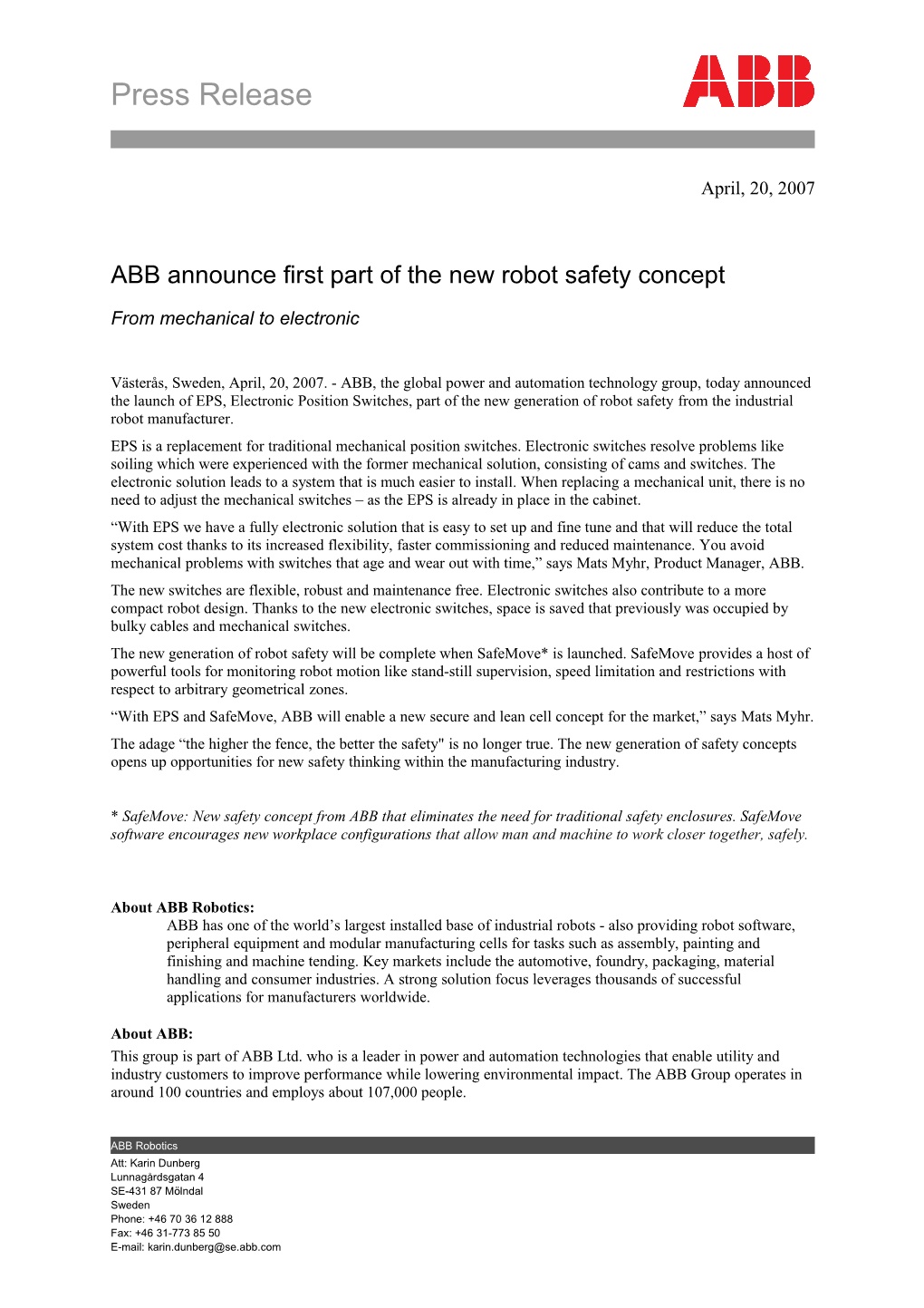 ABB Announce First Part of the New Robot Safety Concept