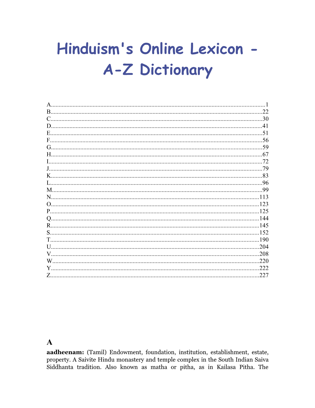 Hinduism's Online Lexicon - A-Z Dictionary