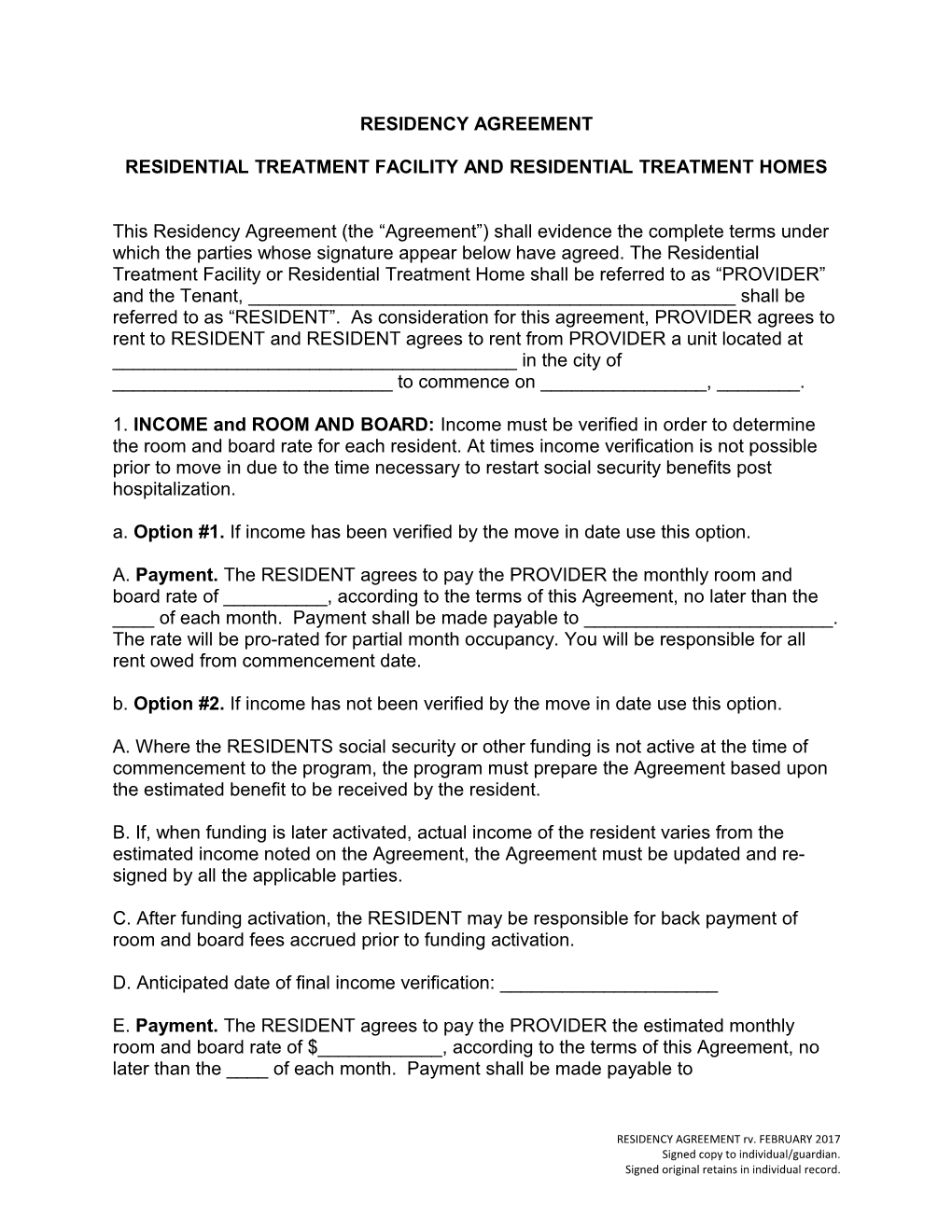 Residency Agreement Template - Residential Treatment Facility and Home