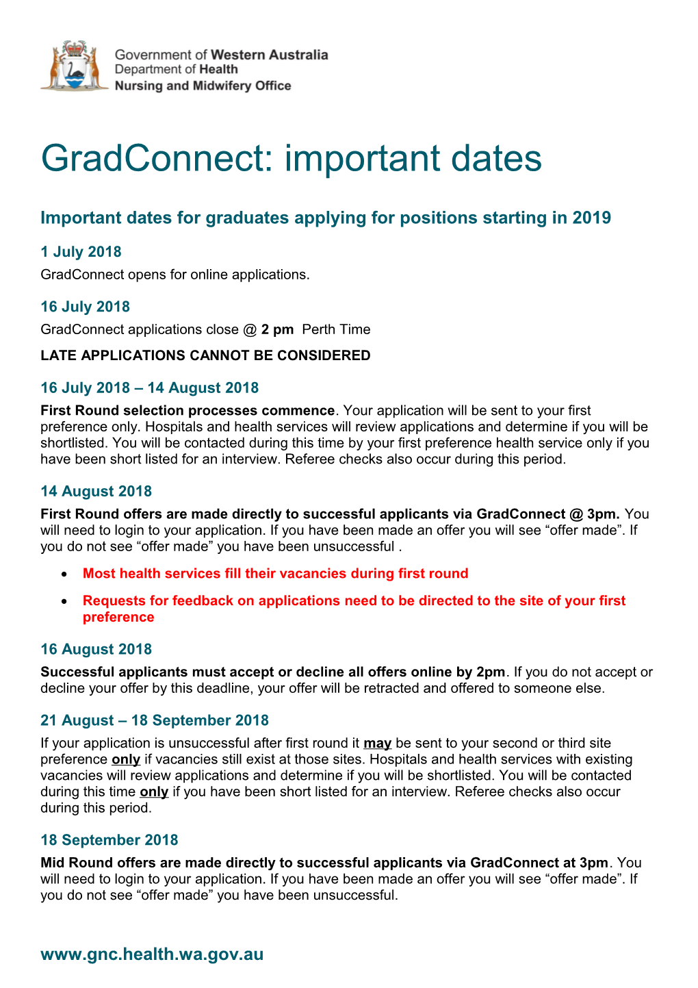 Important Dates for Graduates Applying for Positions Starting in 2019