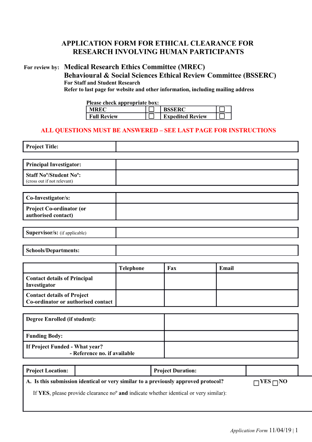 Application Form for Ethical Clearance For