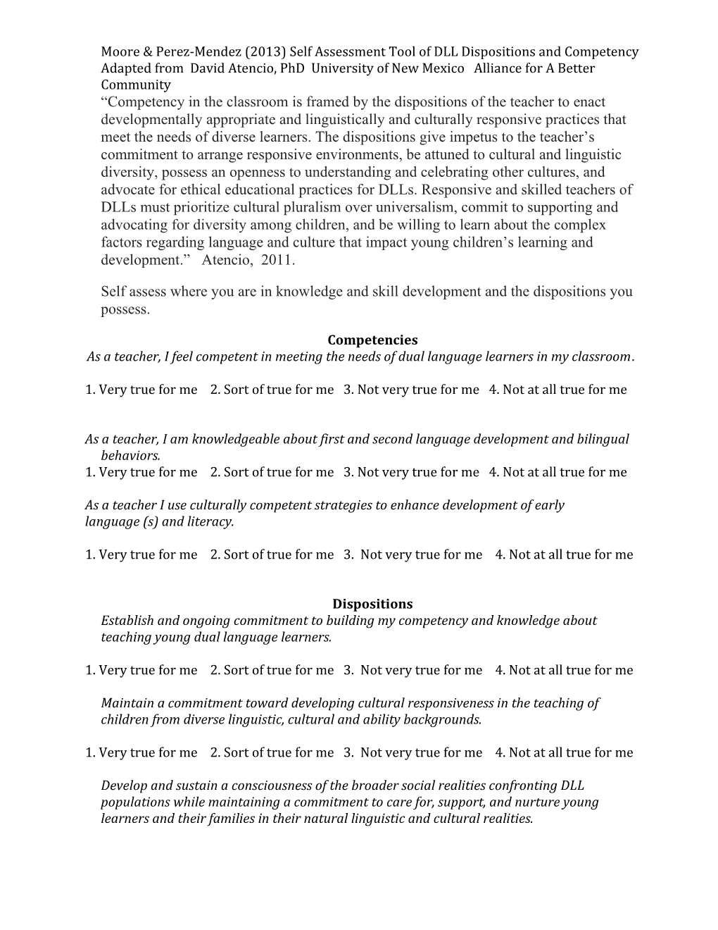 Moore & Perez-Mendez (2013) Self Assessment Tool of DLL Dispositions and Competency