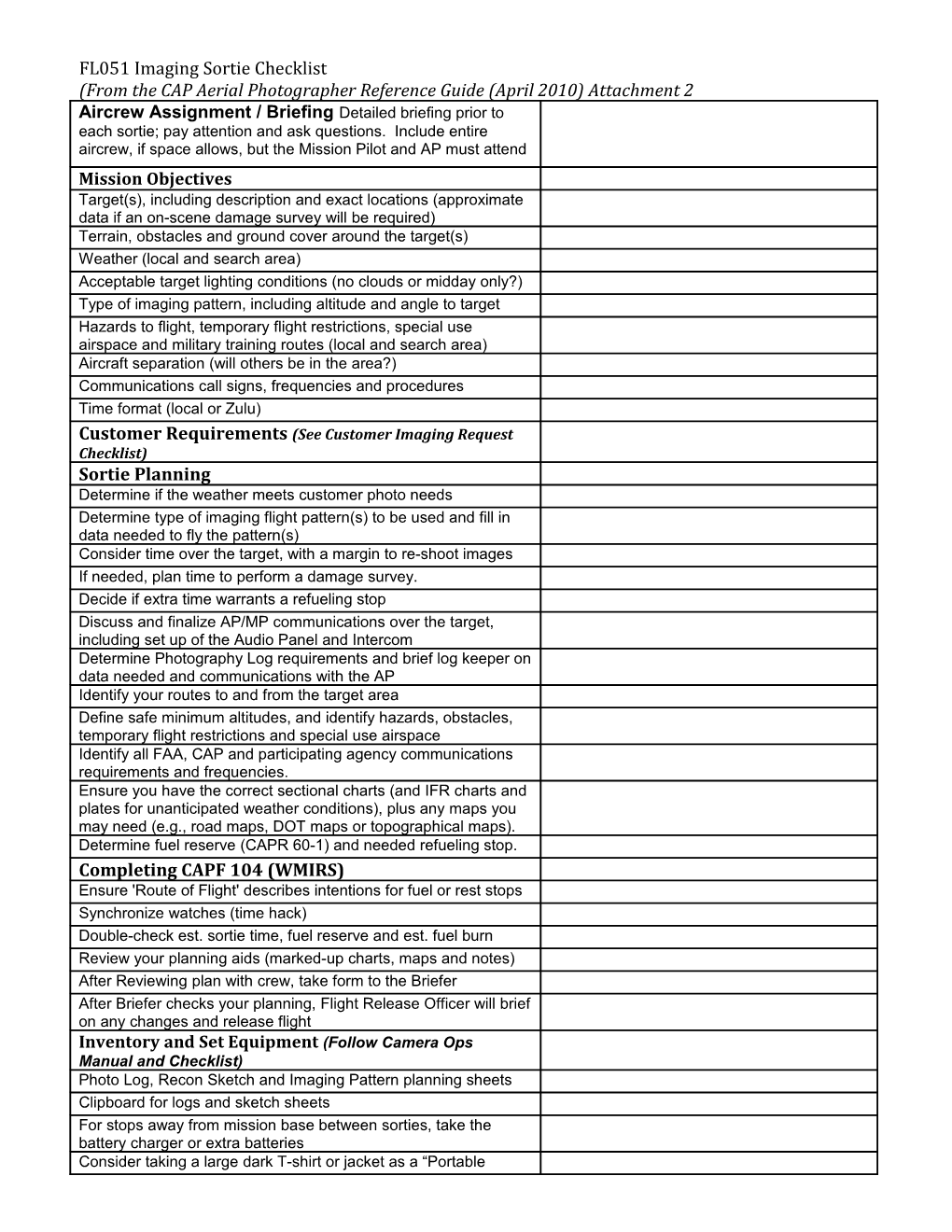 FL051 Imaging Sortie Checklist