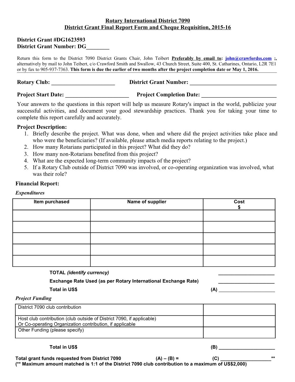 District Grant Final Report Form and Cheque Requisition, 2015-16