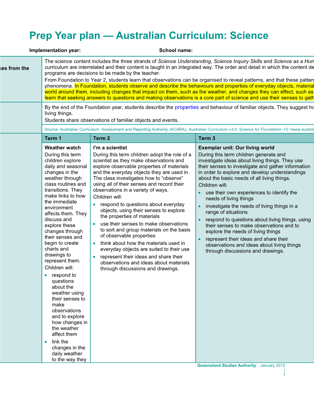 Prep Plan Australian Curriculum: Science