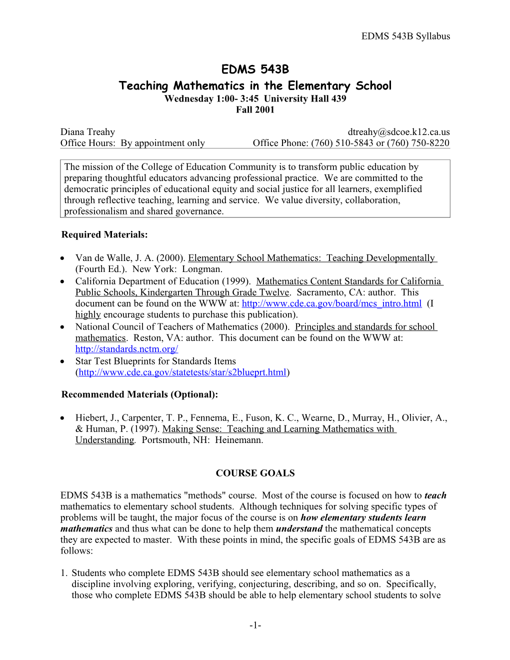 E343: Teaching Mathematics in the Elementary School