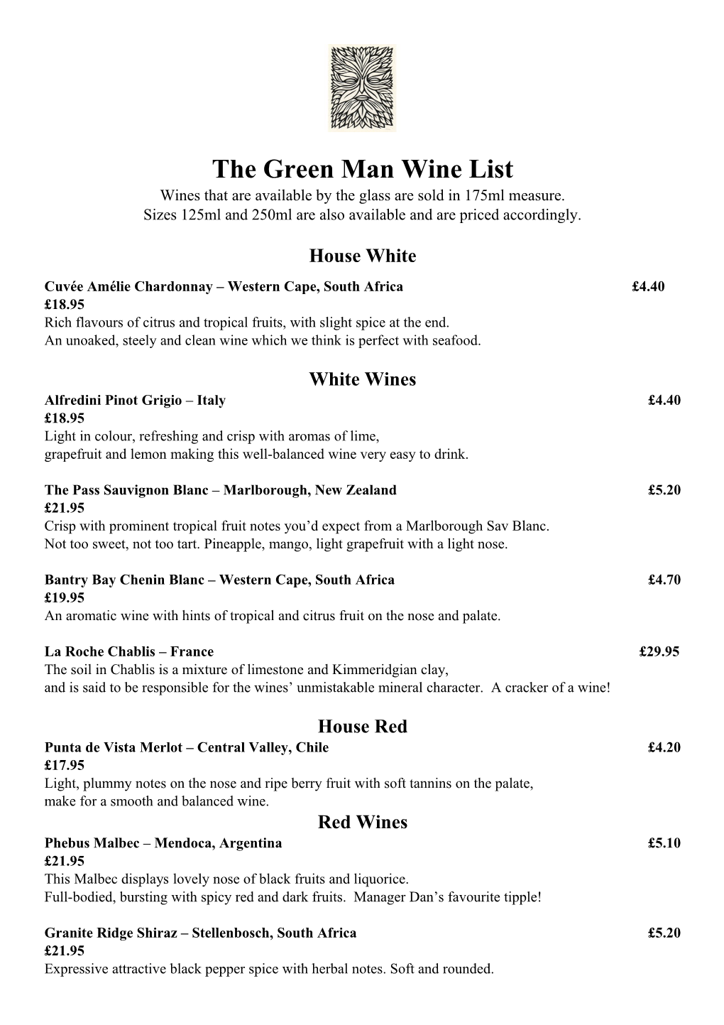 The Green Man Wine List