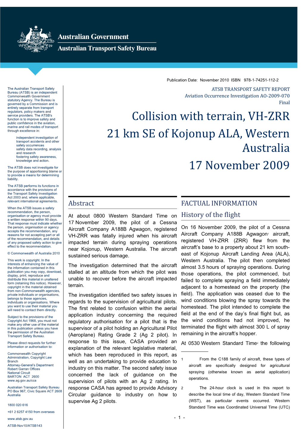 Collision with Terrain, VH-ZRR 21 Km SE of Kojonup ALA, Western Australia 17 November 2009