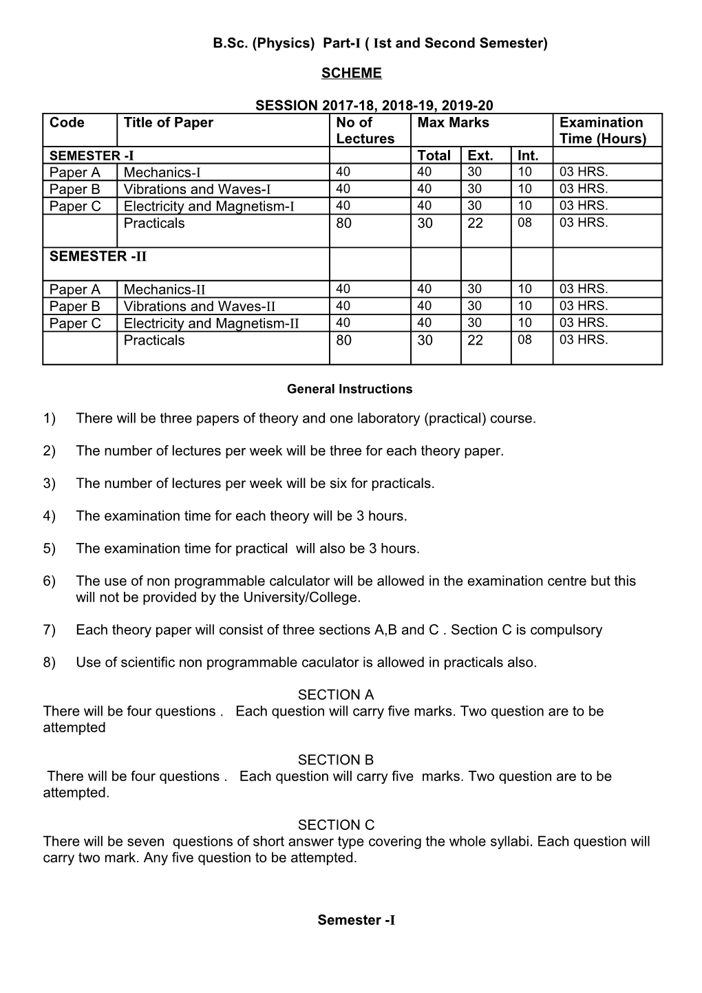 B.Sc.(Physics) Part-I (Ist and Second Semester)