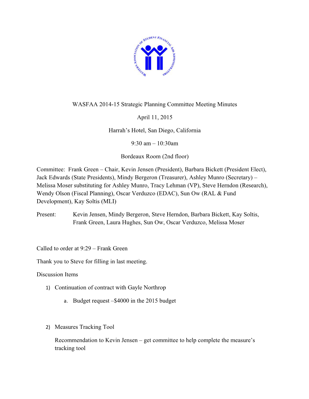WASFAA 2014-15 Strategic Planning Committee Meeting Minutes