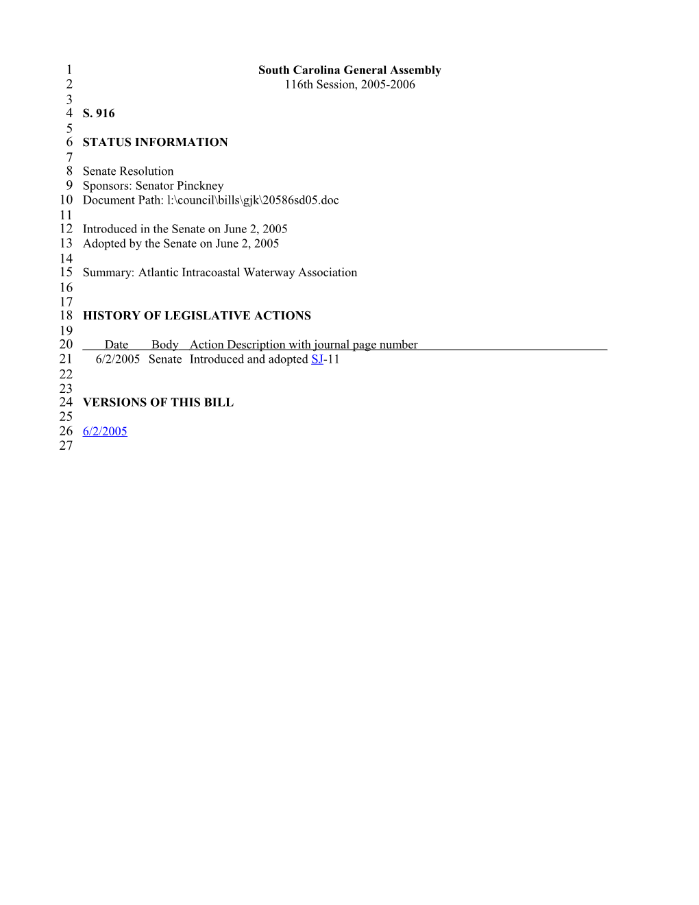 2005-2006 Bill 916: Atlantic Intracoastal Waterway Association - South Carolina Legislature