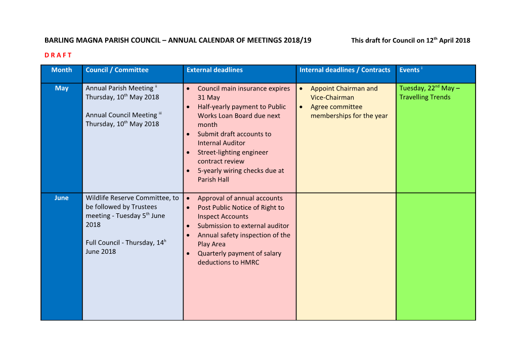 BARLING MAGNA PARISH COUNCIL ANNUAL CALENDAR of MEETINGS 2018/19 This Draft for Council