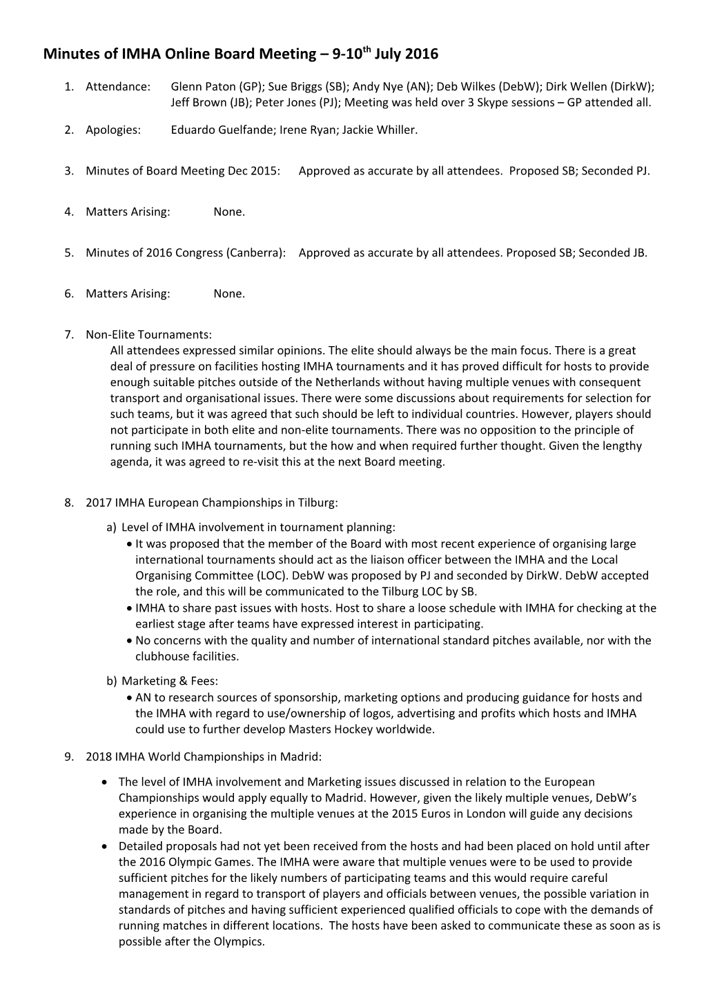 Minutes of IMHA Online Board Meeting 9-10Th July 2016