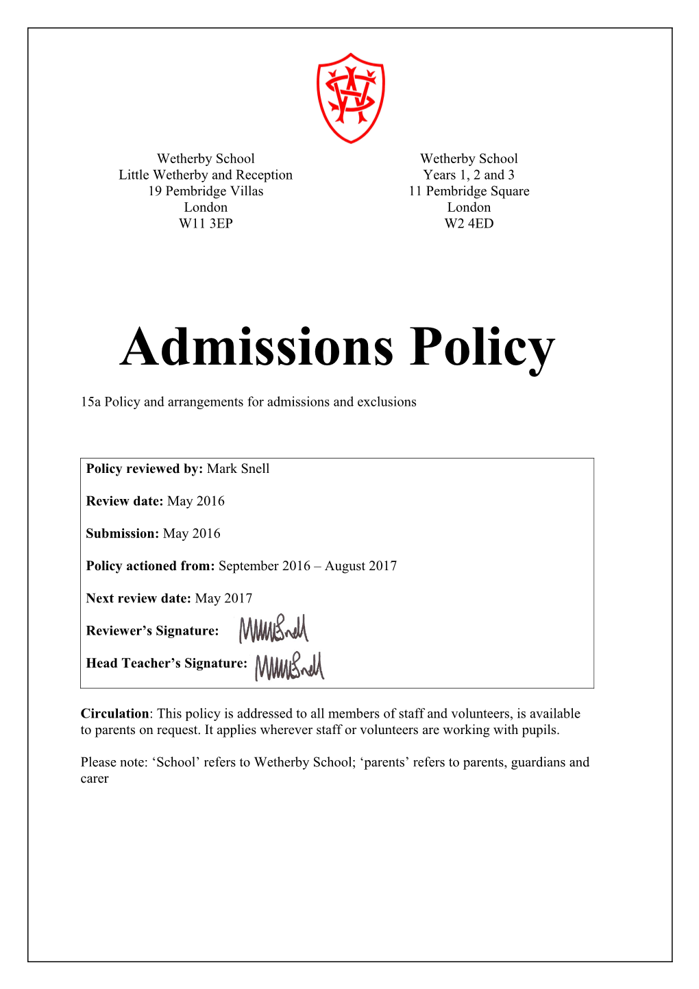 15A Policy and Arrangements for Admissionsand Exclusions