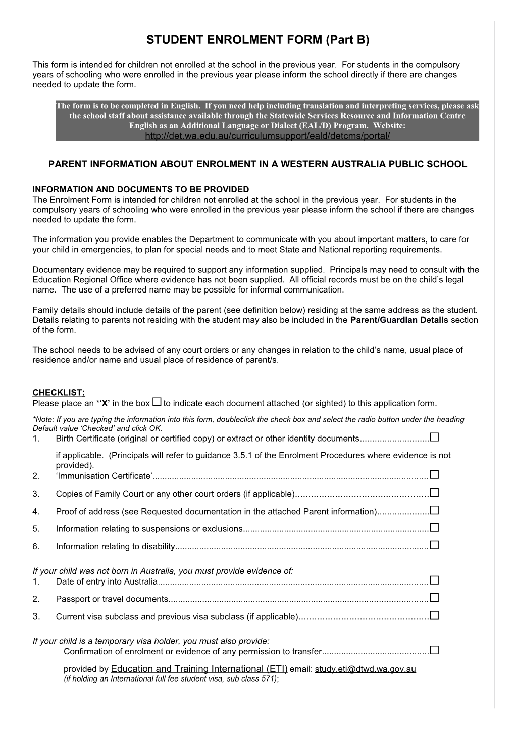 STUDENT ENROLMENT FORM (Part B)