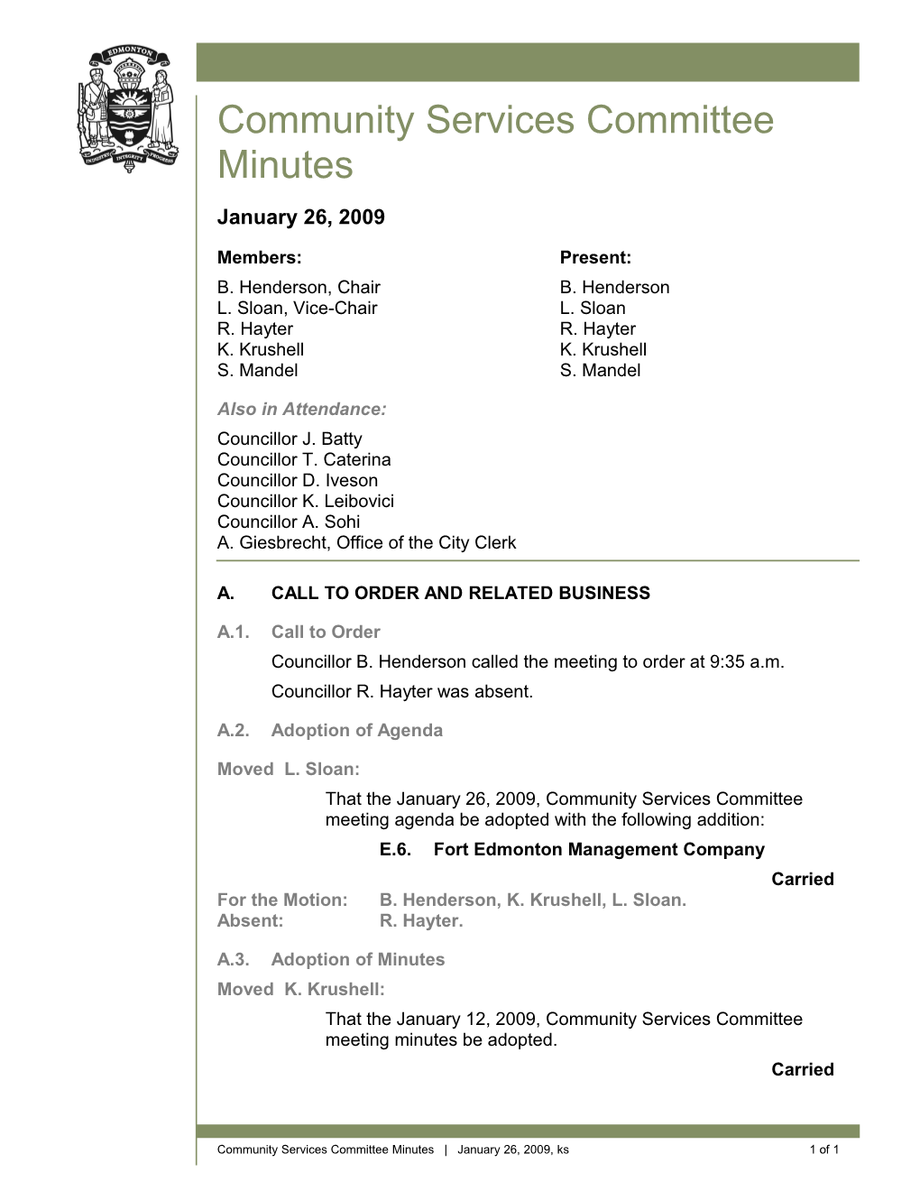 Minutes for Community Services Committee January 26, 2009 Meeting