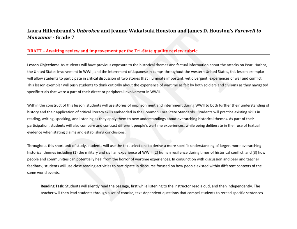 Common Core Exemplar for Middle School ELA: Unbroken and Farewell to Manzanar