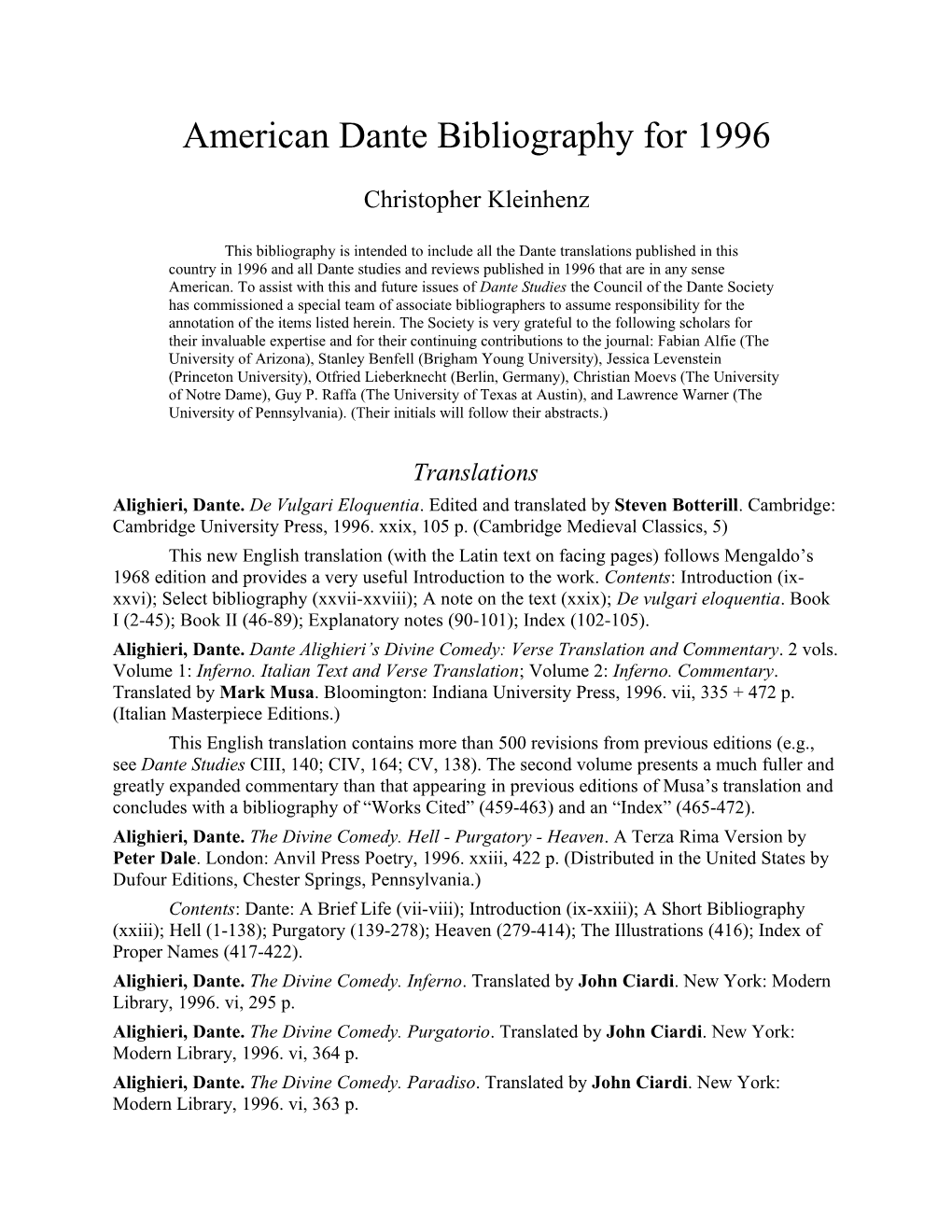 American Dante Bibliography for 1996