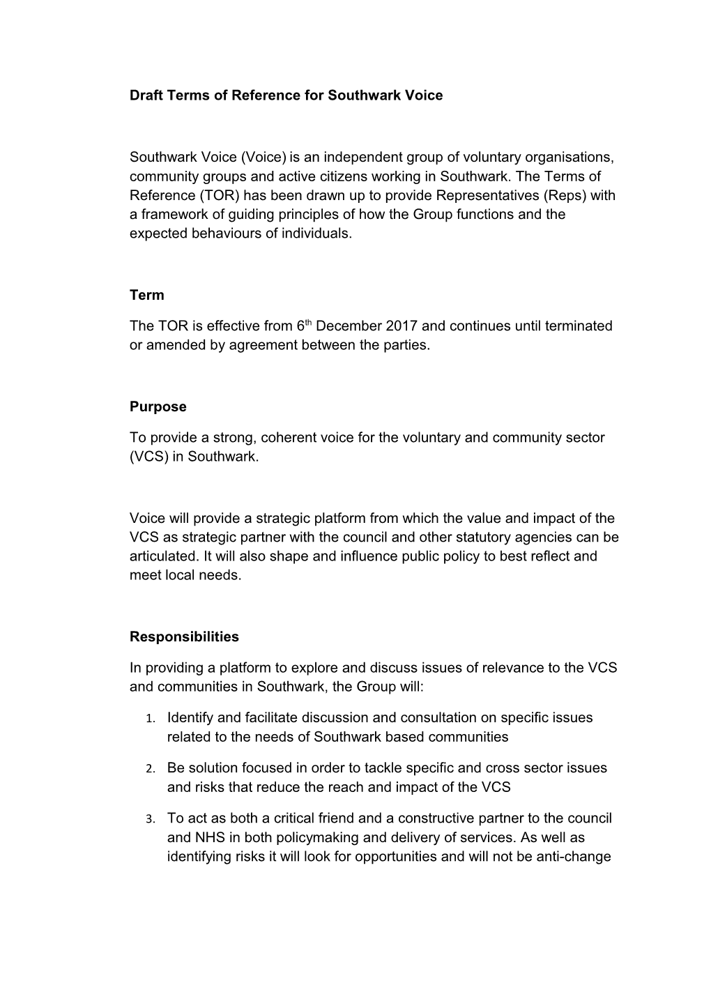 Draft Terms of Reference for Southwark Voice