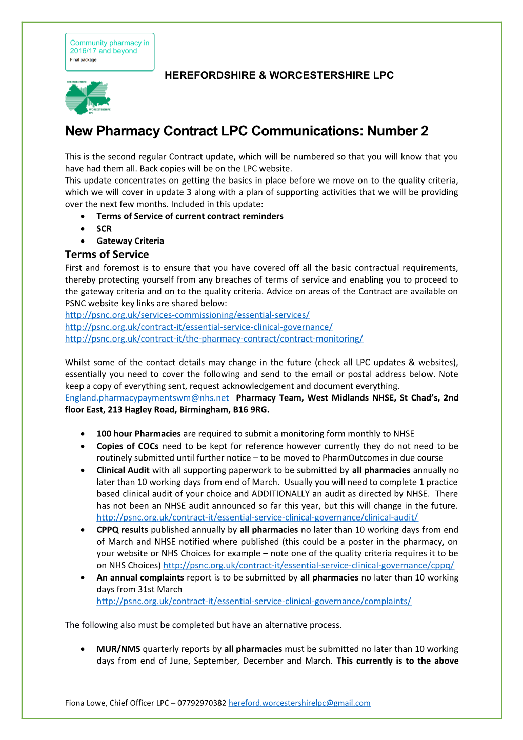 New Pharmacy Contract LPC Communications: Number 2