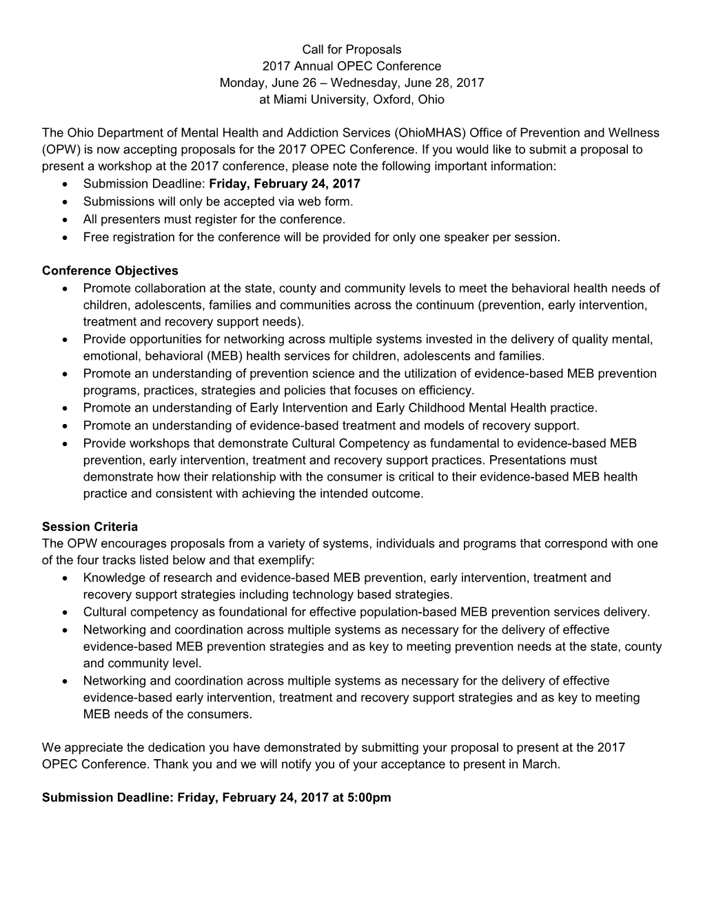 OPEC 2016 Call for Proposals