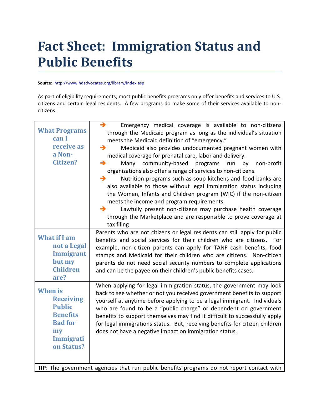 Fact Sheet: Immigration Status and Public Benefits