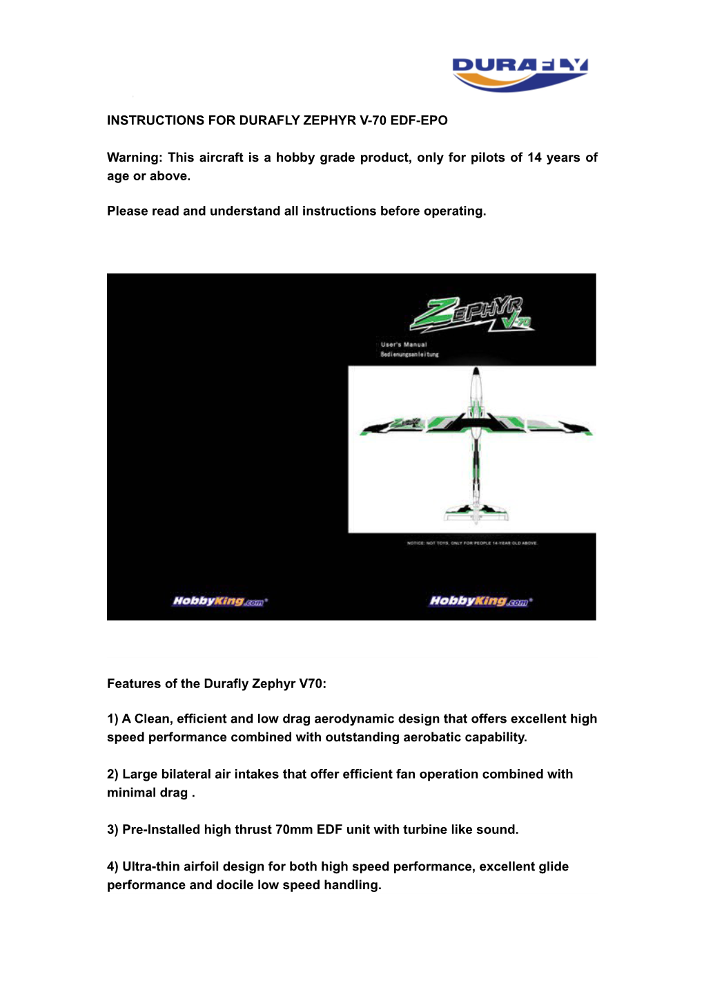 Instructions for Durafly Zephyr V-70 Edf-Epo
